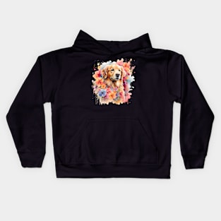 A golden retriever decorated with beautiful watercolor flowers Kids Hoodie